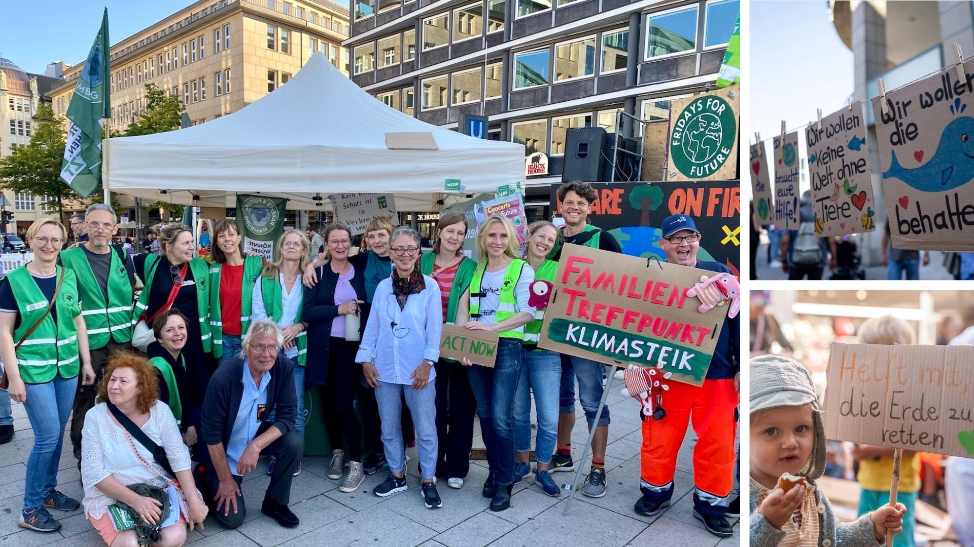 Bilderkollage des Familientreffpunkts: Bild 1 Infostand der Parents for Future Hamburg mit Gruppenbild der Parents, Bild 2 Kinderplakate, Bild 3 Kleinkind mit Plakat &quot;Helft mit die Erde zu retten&quot;