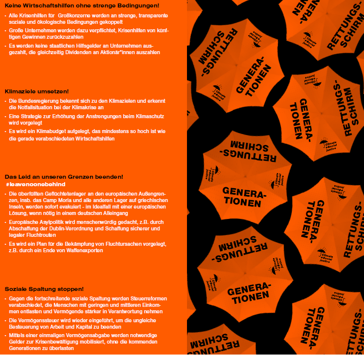 Die Generationen Stiftung fordert von der Bundesregierung einen „Generationen Rettungsschirm“ mit: 1. Keine Wirtschaftshilfen ohne strenge Bedingungen! 2. Klimaziele umsetzen! 3. Das Leid an unseren Grenzen beenden! #leavenoonebehind 4. Soziale Spaltung stoppen!