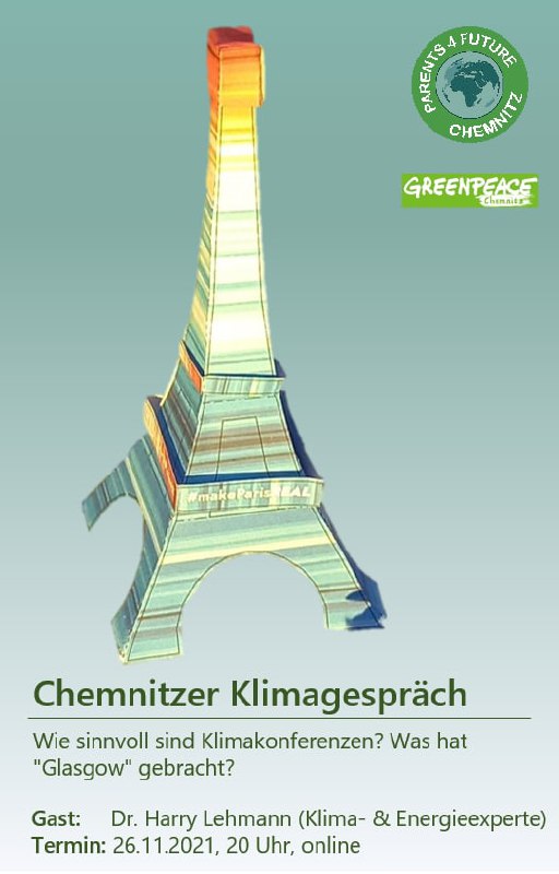 Bild mit Eiffelturm und Einladung zum Chemnitzer Klimagespräch am 26.11. um 20 Uhr online.
