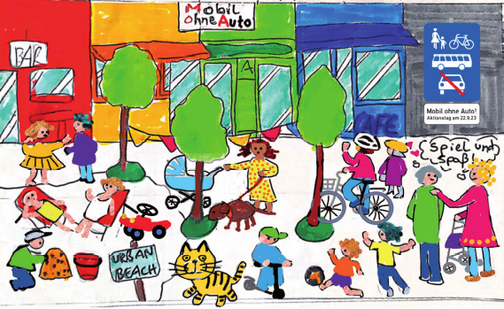 Zeichnung: Eine Straße, im Hintergrund Häuser. Auf der Straße Fußgänger:innen mit Kinderwagen, Hund usw. Fahrrad fahrende und spielende Kinder, Bäume