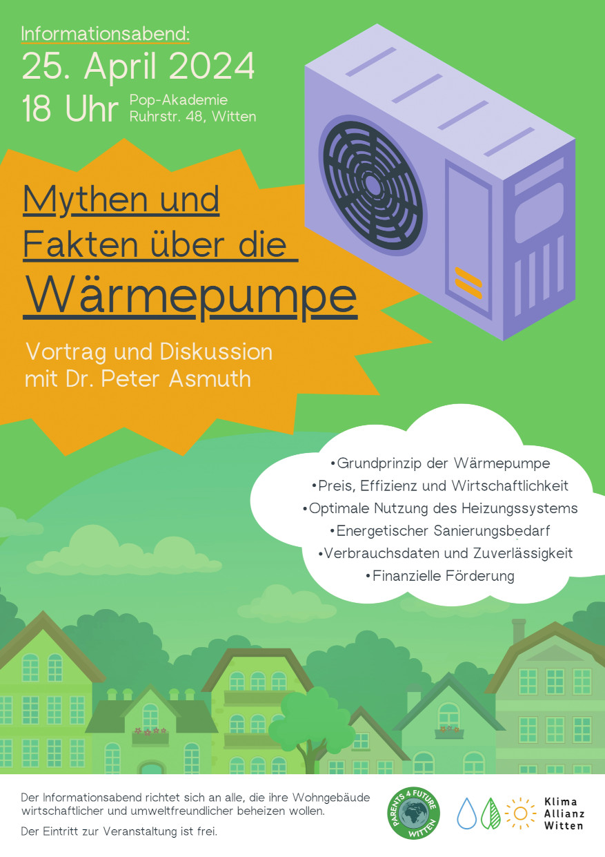 Plakat zur Veranstaltung Mythen und Fakten zur Wärmepumpe am 25.04.2024 in Witten