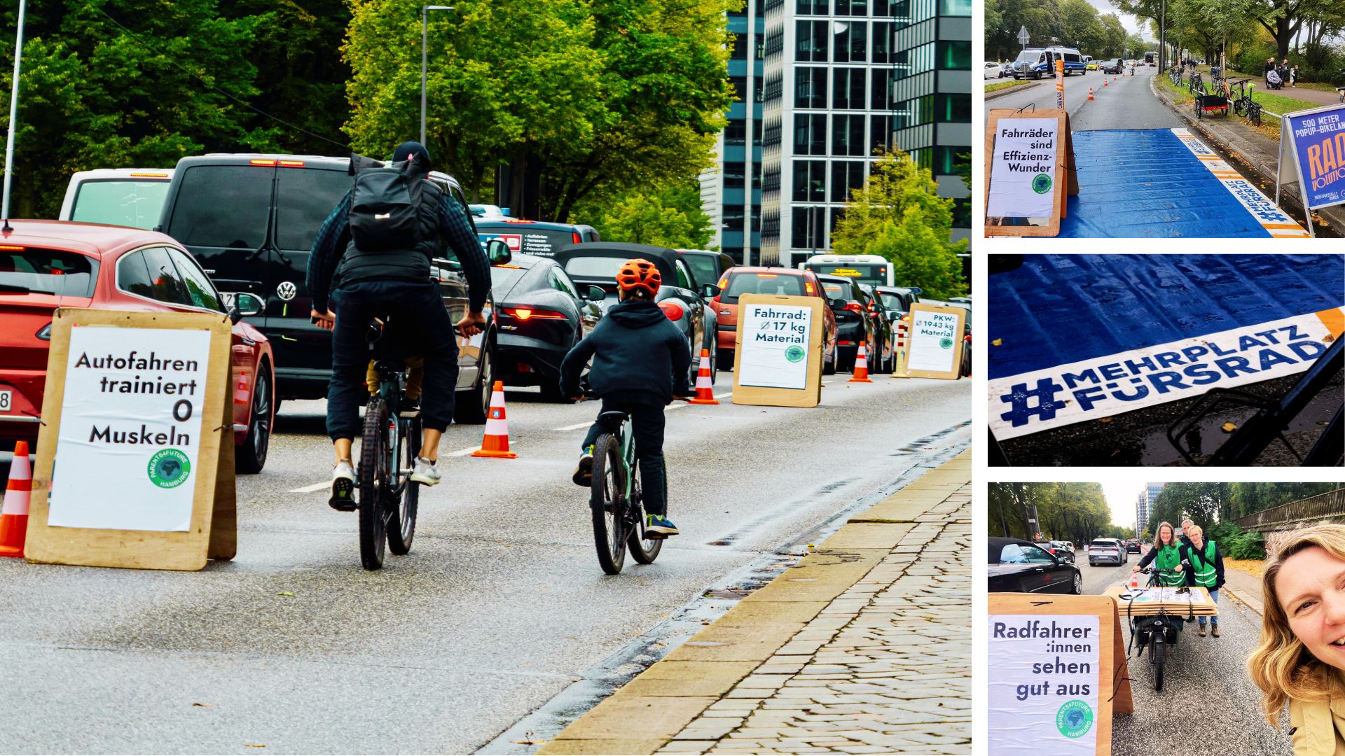 Popup Radweg auf der Lombardsbrücke. Verkehrsteilnehmende zu Fuß, im PKW und auf dem Fahrrad erfreuen sich an den witzigen und informativen Plakatmotiven zur Verkehrswende.