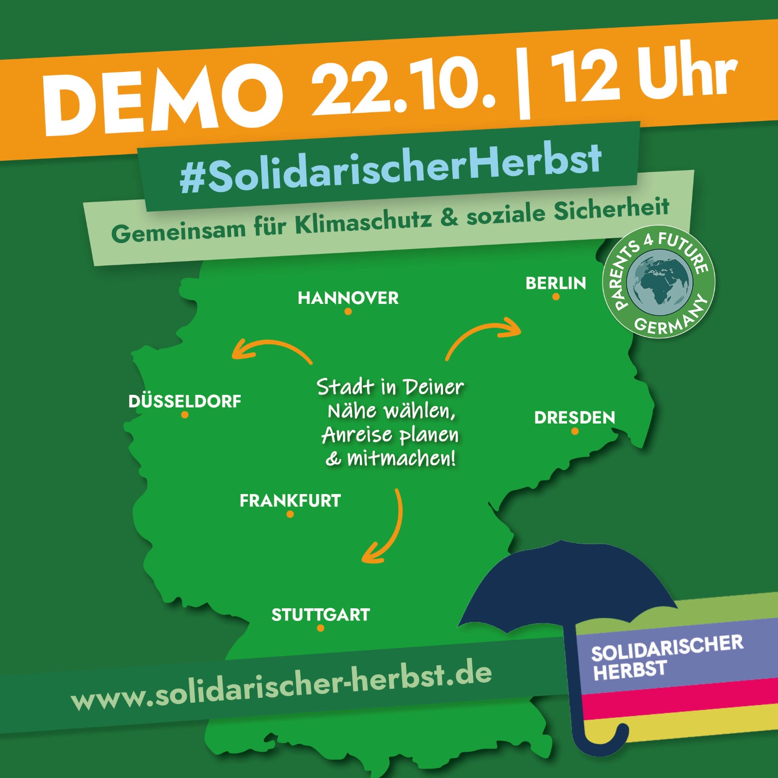 SolidarischerHerbst Streiks am 22.10.2022 jeweils um 12:00 in Berlin, Dresden, Düsseldorf, Frankfurt, Hannover und Stuttgart